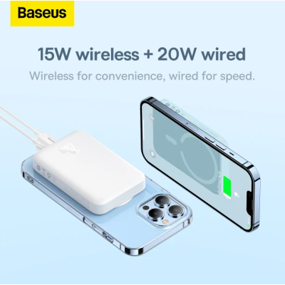 Универсальная мобильная батарея Повербанк Baseus Magnetic Mini Wireless Fast Charge 2in1 10000mAh 20W 2.4A QC3.0+PD3.0 с беспроводной зарядкой Qi 15W Белый