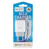 Мережевий зарядний пристрій Hoco C72Q 1USB/18W/QC 3.0 + MicroUSB White, Білий Мережевий зарядний пристрій Hoco C72Q 1USB/18W/QC 3.0 + MicroUSB White, Білий
