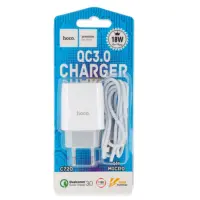 Сетевое зарядное устройство Hoco C72Q 1USB/18W/QC 3.0 + MicroUSB White, Белый