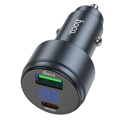 Автомобильное зарядное устройство Hoco Z57B (USB+Type-C) Display 63W Grey, Серый