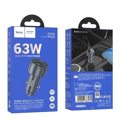Автомобильное зарядное устройство Hoco Z57B (USB+Type-C) Display 63W Grey, Серый