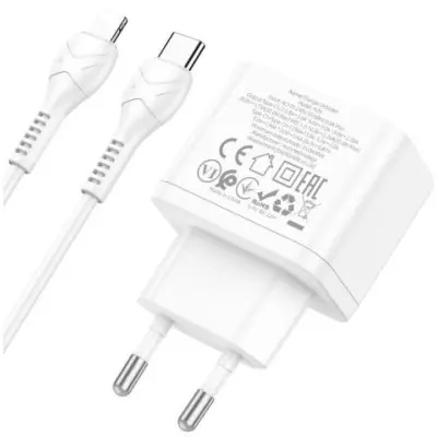 Мережевий зарядний пристрій Hoco N29 PD+QC3.0 35W + Кабель Type-C to Lightning White, Білий