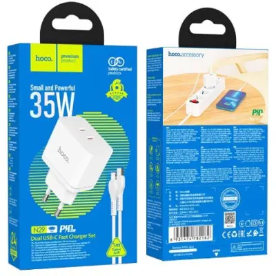 Мережевий зарядний пристрій Hoco N29 PD+QC3.0 35W + Кабель Type-C to Lightning White, Білий