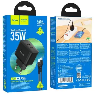 Мережевий зарядний пристрій Hoco N29 PD+QC3.0 35W + Кабель Type-C to Lightning Black, Чорний