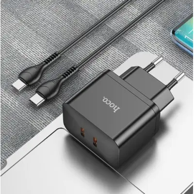 Мережевий зарядний пристрій Hoco N29 PD+QC3.0 35W + Кабель Type-C to Type-C Black, Чорний