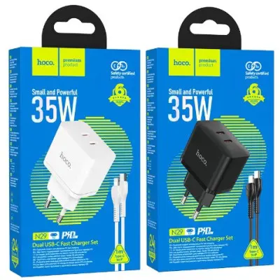 Мережевий зарядний пристрій Hoco N29 PD+QC3.0 35W + Кабель Type-C to Type-C Black, Чорний