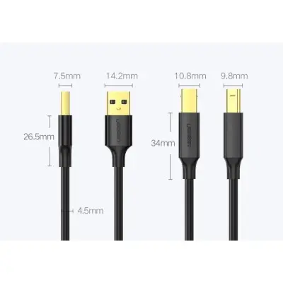 USB кабель для принтера Ugreen US135 AM-BM 1м Black, Черный