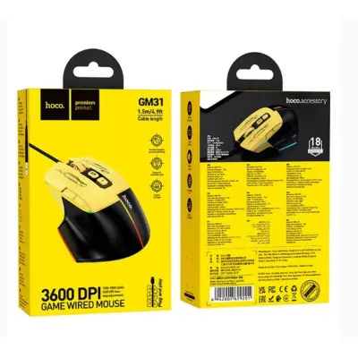 Дротова ігрова мишка з підсвіткою Hoco GM31 Black-Yellow, Чорно-Жовта Дротова ігрова мишка з підсвіткою Hoco GM31 Black-Yellow, Чорно-Жовта