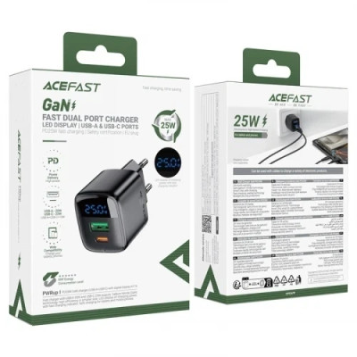 Мережевий зарядний пристрій ACEFAST A114 PD25W GaN (USB-A + USB-C) Чорний Мережевий зарядний пристрій ACEFAST A114 PD25W GaN (USB-A + USB-C) Чорний