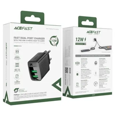 Сетевое зарядное устройство Acefast A86 12W (USB-A + USB-A) Black, Черный
