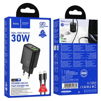 Мережевий зарядний пристрій Hoco N63 USB-C+USB-A 30W Type-C to Lightning Білий
