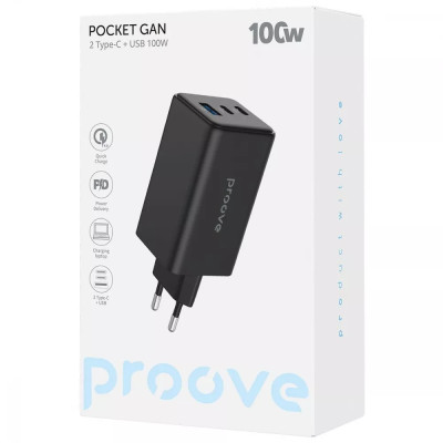 Сетевое зарядное устройство Proove Pocket GAN 100W (2Type-C+USB) Black, Черный