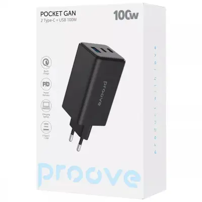 Сетевое зарядное устройство Proove Pocket GAN 100W (2Type-C+USB) Black, Черный Сетевое зарядное устройство Proove Pocket GAN 100W (2Type-C+USB) Black, Черный