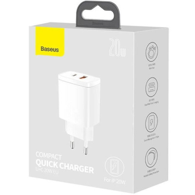 Сетевое зарядное устройство Baseus 1USB+1PD Compact Q.C 20W Белый