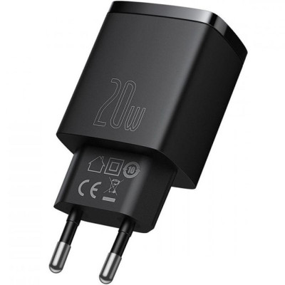 Сетевое зарядное устройство Baseus 1USB+1PD Compact Q.C 20W Black, Чёрный