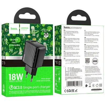 Мережевий зарядний пристрій Hoco CS21A1USB/QC 3.0 Чорний