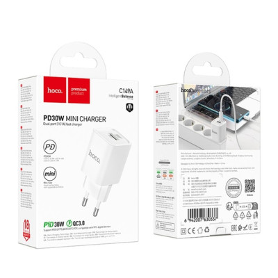 Сетевое зарядное устройство Hoco C149A 1PD+1USB 30W White, Белый