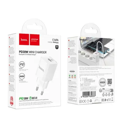 Мережевий зарядний пристрій Hoco C149A 1PD+1USB 30W White, Білий