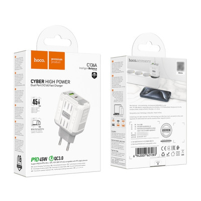Сетевое зарядное устройство Hoco C136A PD 45W Type-C + USB, Белый