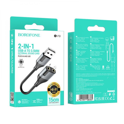 Адаптер Borofon BV19 2-port USB to 3.5mm External Sound Card Чорний