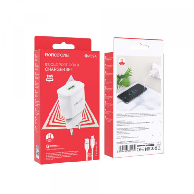 Сетевое зарядное устройство Borofone BA59A microUSB QC3.0 White, Белый