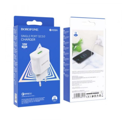 Мережевий зарядний пристрій Borofone USB BA59A QC3.0 White, Білий