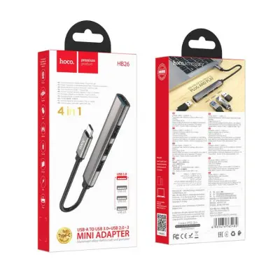USB хаб Hoco HB26 Type-C 4in1 Grey, Металлический Серый