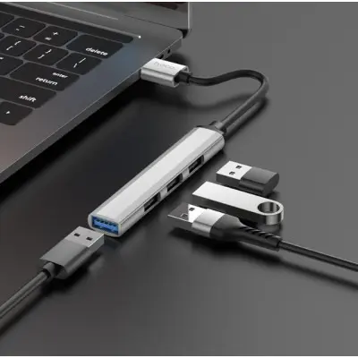 USB хаб Hoco HB26 Type-C 4in1 Grey, Металлический Серый