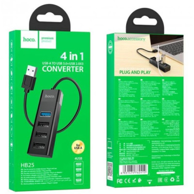 USB хаб Hoco HB25 4in1 Black, Черный