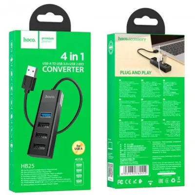USB хаб Hoco HB25 4in1 USB Black, Чорний