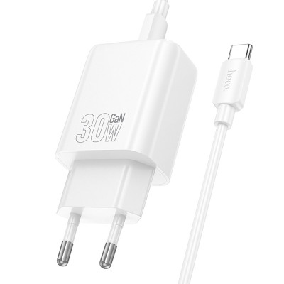 Мережевий зарядний пристрій Hoco N62 1USB-C 30W + Кабель Type-C to Type-C White, Білий