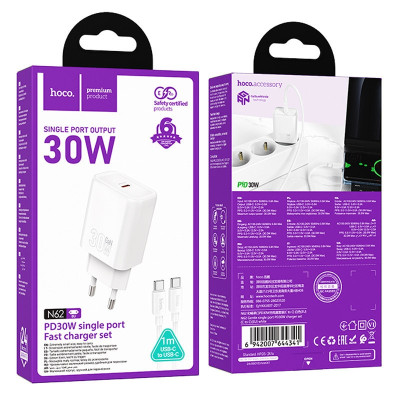 Мережевий зарядний пристрій Hoco N62 1USB-C 30W + Кабель Type-C to Type-C White, Білий