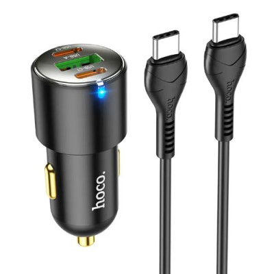 Автомобільний зарядний пристрій Hoco NZ6 (1USB+2USB-C) + Кабель Type-C to Type-C Black, Чорний