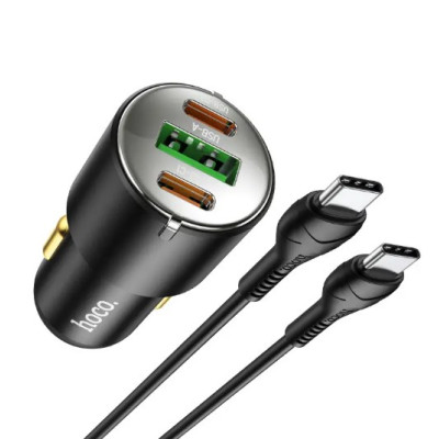 Автомобільний зарядний пристрій Hoco NZ6 (1USB+2USB-C) + Кабель Type-C to Type-C Black, Чорний