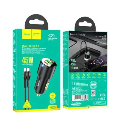 Автомобільний зарядний пристрій Hoco NZ6 (1USB+2USB-C) + Кабель Type-C to Type-C Black, Чорний