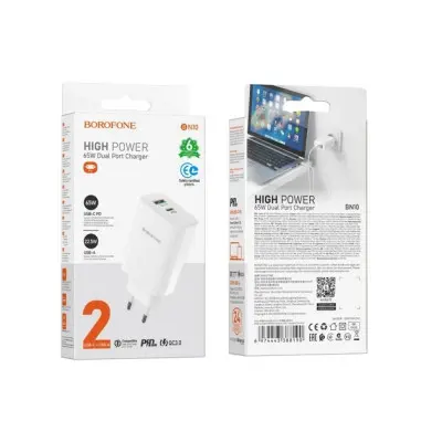 Сетевое зарядное устройство Borofone BN10 PD+QC (65W) White, Белый Сетевое зарядное устройство Borofone BN10 PD+QC (65W) White, Белый