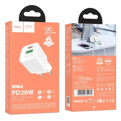 Мережевий зарядний пристрій Hoco N28 1PD+1USB 20W White, Білий