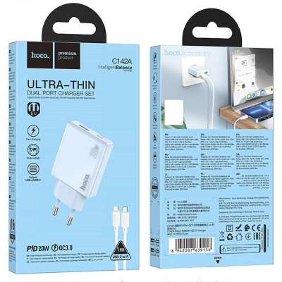 Сетевое зарядное устройство Hoco C108A PD 35W + Кабель Type-C to Lightning White, Белый