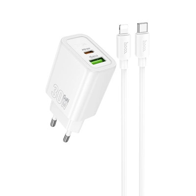 Мережевий зарядний пристрій Hoco N63 USB-C+USB-A 30W Type-C to Lightning Білий