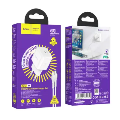 Сетевое зарядное устройство Hoco N32 1PD 30W + Кабель Type-C to Type-C White, Белый