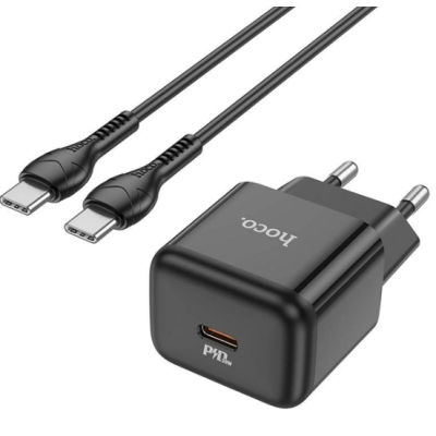 Сетевое зарядное устройство Hoco N32 1PD 30W + Кабель Type-C to Type-C Black, Черный