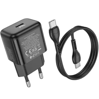 Мережевий зарядний пристрій Hoco N32 1PD 30W + Кабель Type-C to Type-C Black, Чорний