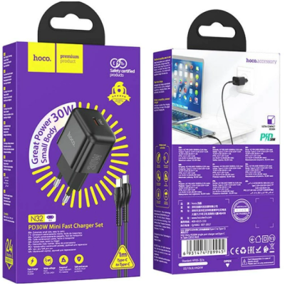 Сетевое зарядное устройство Hoco N32 1PD 30W + Кабель Type-C to Type-C Black, Черный