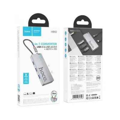 USB хаб Hoco HB50 5 in1 (HDTV+PD+USB 3.0*3) Grey, Серый