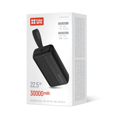 Универсальная мобильная батарея Повербанк ColorWay 22,5W 30000mAh EnergyPlus Чёрный