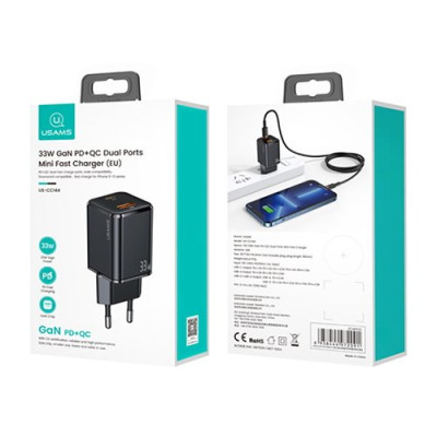 Сетевое зарядное устройство T43 1USB+1USB-C 33W Black, Чёрный