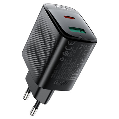 Сетевое зарядное устройство Aсefast A106 Gan PD 45W USB-C+USB-ABlack, Чёрный
