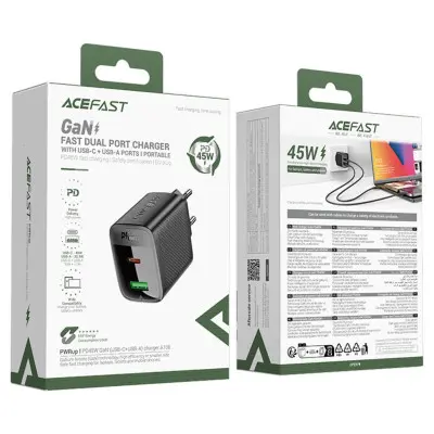 Мережевий зарядний пристрій Aсefast A106 Gan PD 45W USB-C+USB-A Black, Чорний