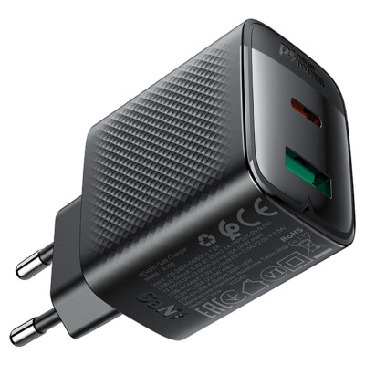 Сетевое зарядное устройство Aсefast A106 Gan PD 45W USB-C+USB-ABlack, Чёрный