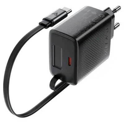Мережевий зарядний пристрій Aсefast A110 USB-C 30W + Type-C Black, Чорний